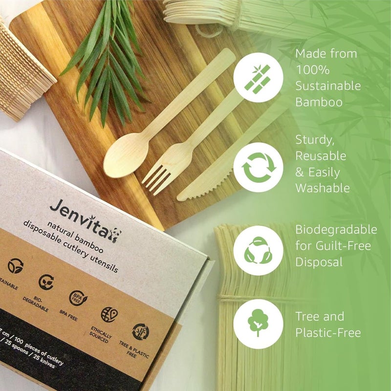 Jenvita 100% Bamboo Utensils Set - 100x Compostable Cutlery Set (50 Compostable Forks, 25 Disposable Spoons, 25 Biodegradable Knives) | Bamboo Silverware | FSC Certified for Weddings, Camping, Party - Image 4
